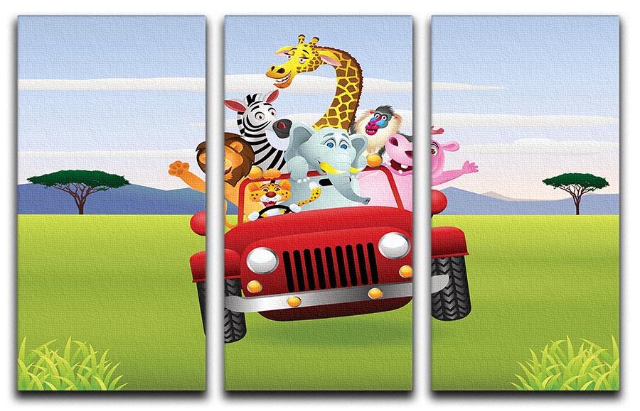 Animal Cartoon in red car 3 Split Panel Canvas Print - Canvas Art Rocks - 1