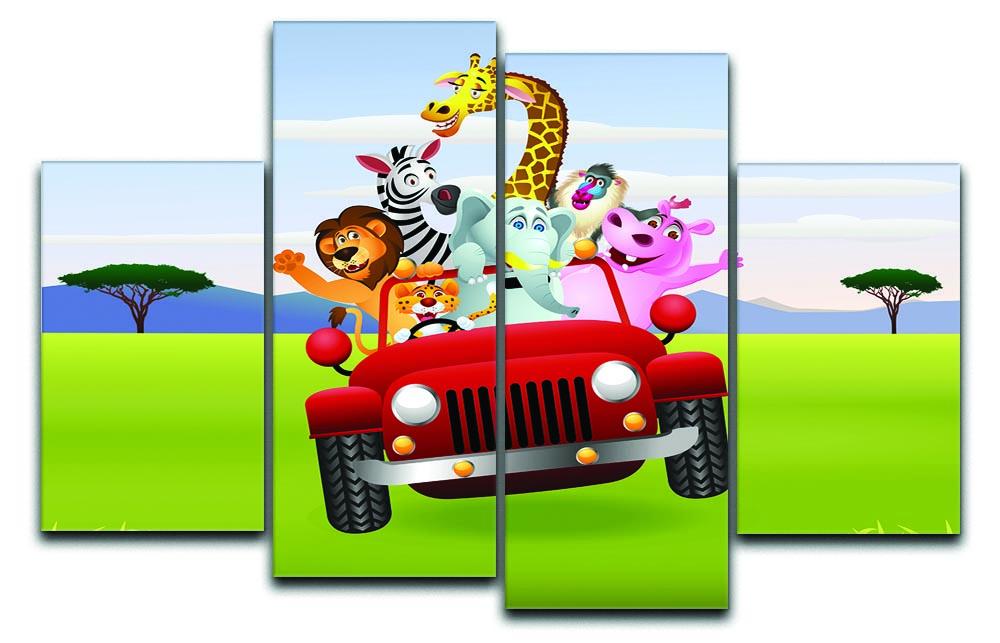 Animal Cartoon in red car 4 Split Panel Canvas  - Canvas Art Rocks - 1