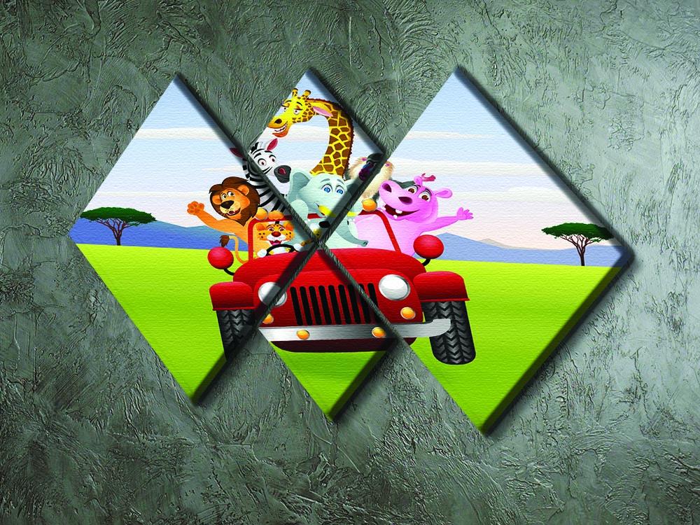 Animal Cartoon in red car 4 Square Multi Panel Canvas - Canvas Art Rocks - 2