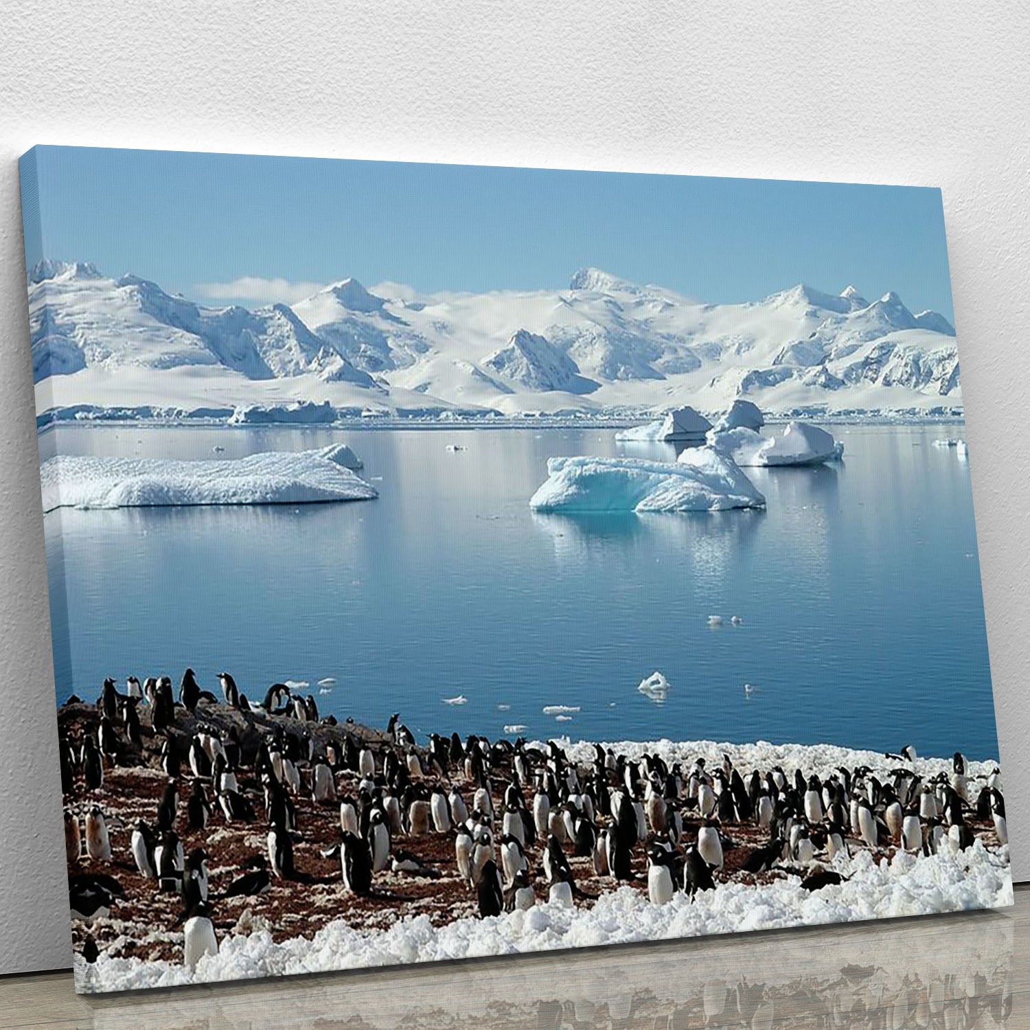 Antarctic penguin group reflection of icebergs Antarctica Canvas Print or Poster - Canvas Art Rocks - 1