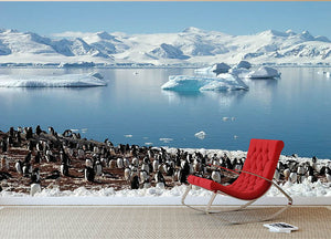 Antarctic penguin group reflection of icebergs Antarctica Wall Mural Wallpaper - Canvas Art Rocks - 2