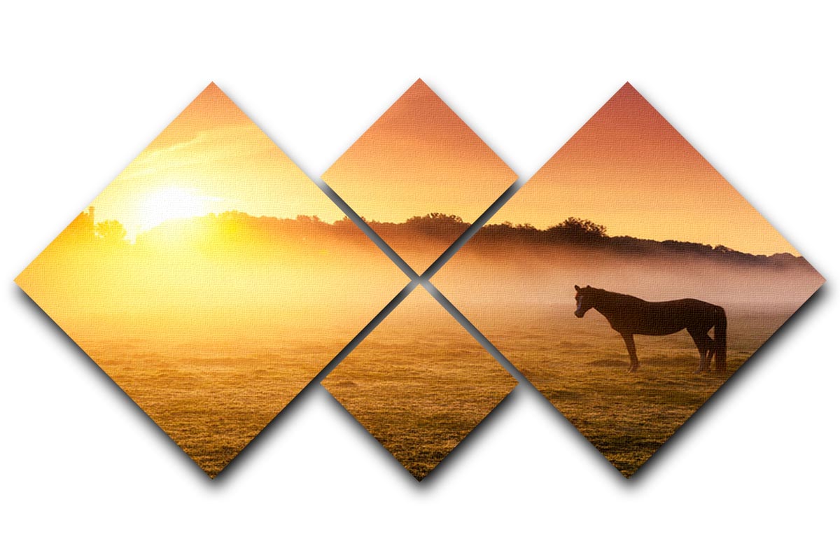 Arabian horses grazing on pasture at sundown in orange sunny beams. Dramatic foggy scene 4 Square Multi Panel Canvas - Canvas Art Rocks - 1