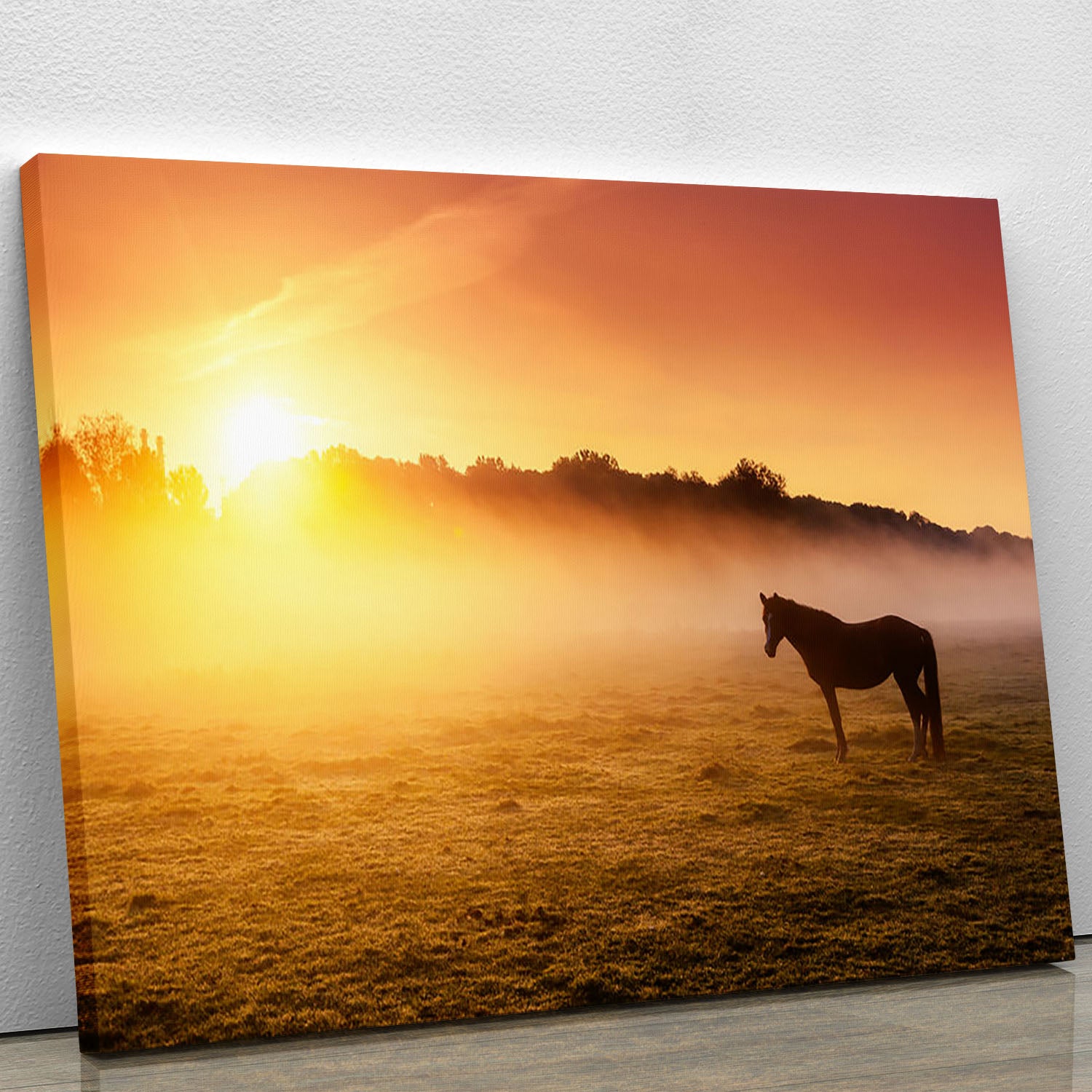 Arabian horses grazing on pasture at sundown in orange sunny beams. Dramatic foggy scene Canvas Print or Poster - Canvas Art Rocks - 1