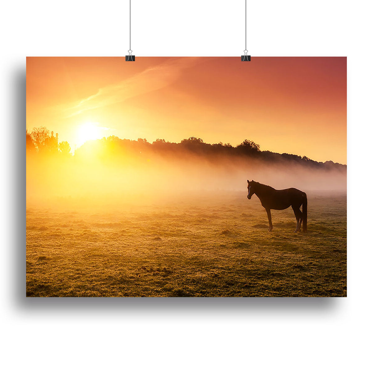 Arabian horses grazing on pasture at sundown in orange sunny beams. Dramatic foggy scene Canvas Print or Poster - Canvas Art Rocks - 2