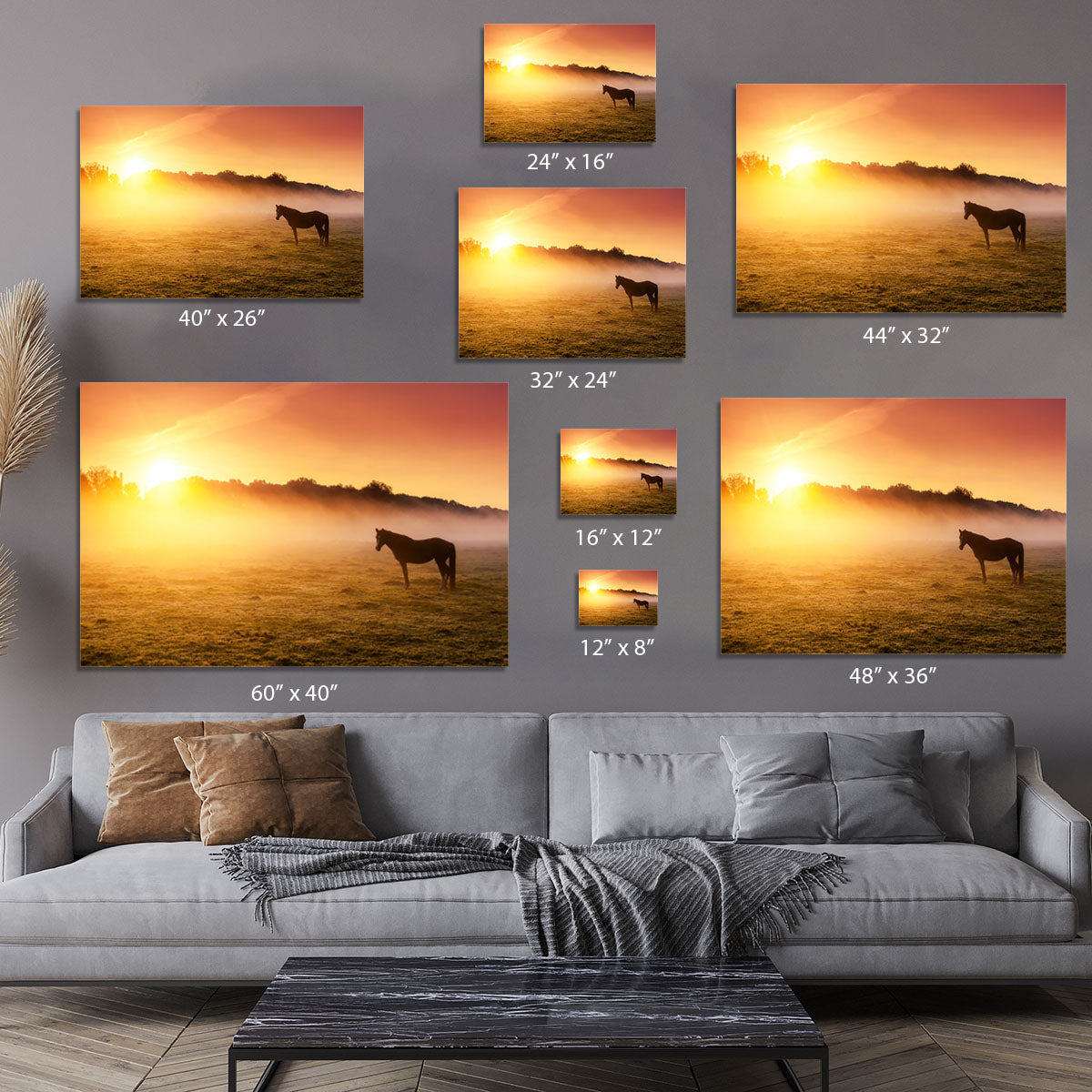 Arabian horses grazing on pasture at sundown in orange sunny beams. Dramatic foggy scene Canvas Print or Poster - Canvas Art Rocks - 7