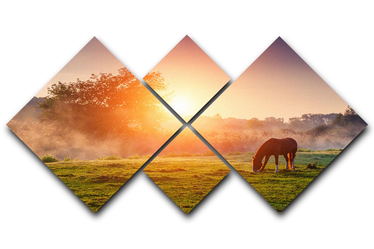 Arabian horses grazing on pasture at sundown in orange sunny beams 4 Square Multi Panel Canvas - Canvas Art Rocks - 1