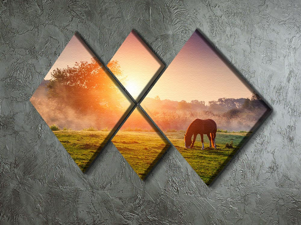 Arabian horses grazing on pasture at sundown in orange sunny beams 4 Square Multi Panel Canvas - Canvas Art Rocks - 2