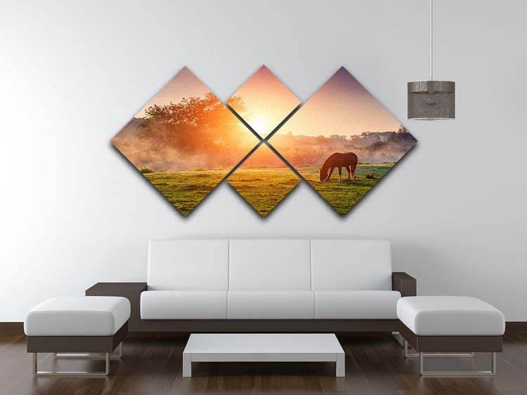 Arabian horses grazing on pasture at sundown in orange sunny beams 4 Square Multi Panel Canvas - Canvas Art Rocks - 3