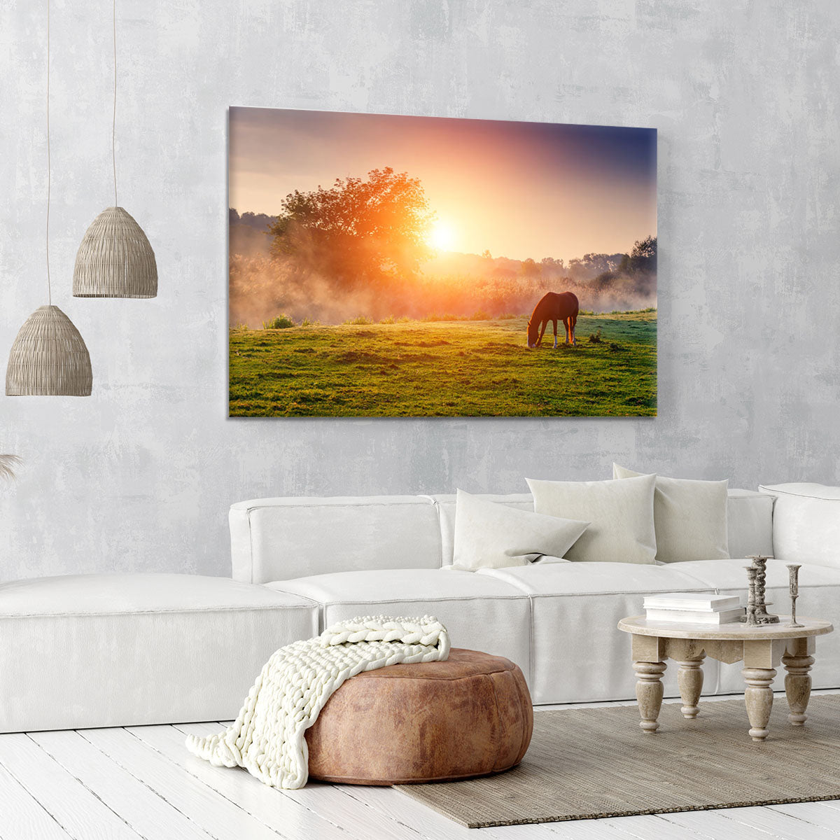 Arabian horses grazing on pasture at sundown in orange sunny beams Canvas Print or Poster - Canvas Art Rocks - 6