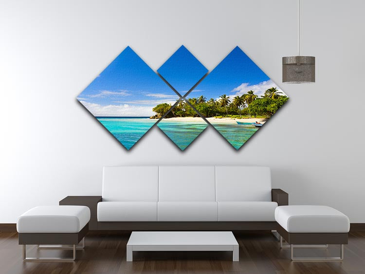 Art Caribbean beach with fishing boat 4 Square Multi Panel Canvas - Canvas Art Rocks - 3
