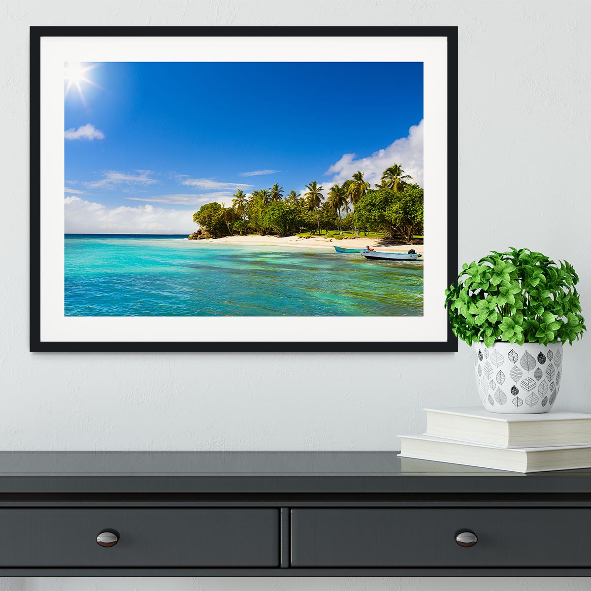 Art Caribbean beach with fishing boat Framed Print - Canvas Art Rocks - 1