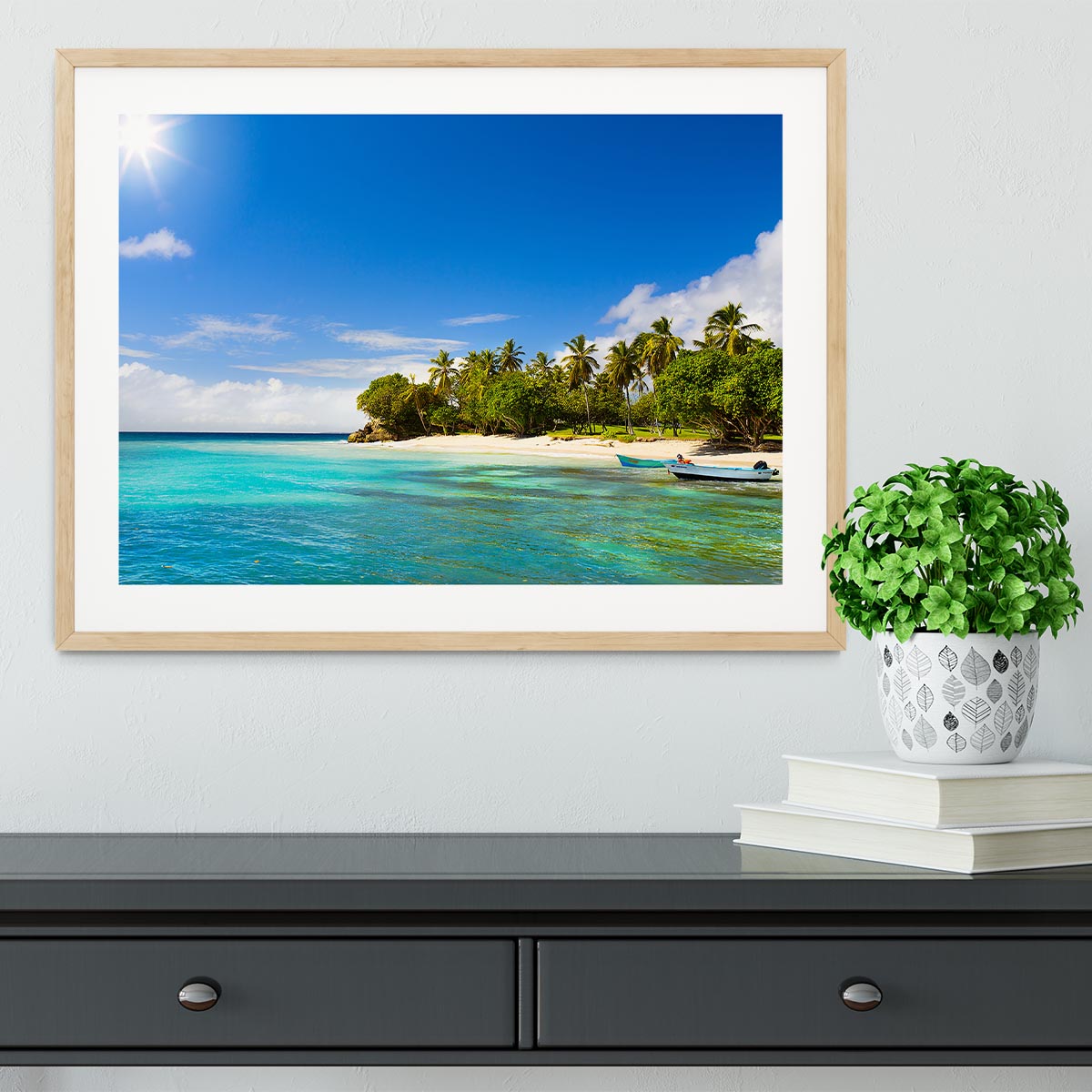 Art Caribbean beach with fishing boat Framed Print - Canvas Art Rocks - 3