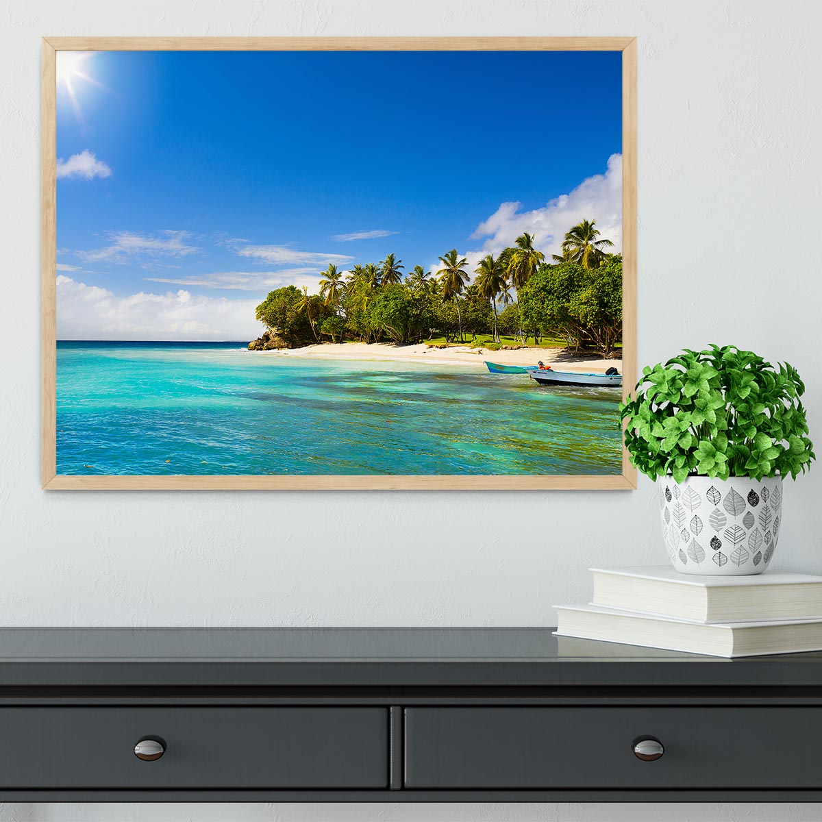 Art Caribbean beach with fishing boat Framed Print - Canvas Art Rocks - 4