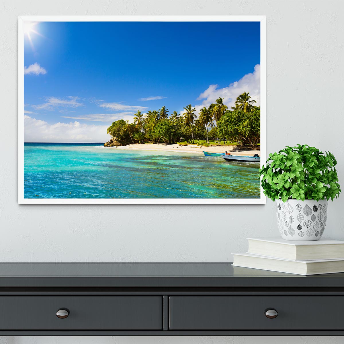 Art Caribbean beach with fishing boat Framed Print - Canvas Art Rocks -6