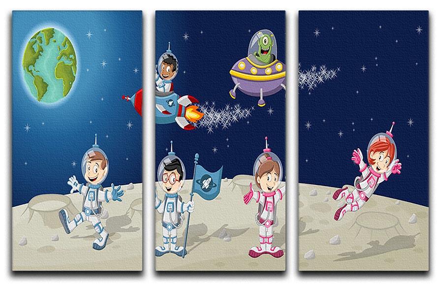 Astronaut cartoon characters on the moon with the alien spaceship 3 Split Panel Canvas Print - Canvas Art Rocks - 1