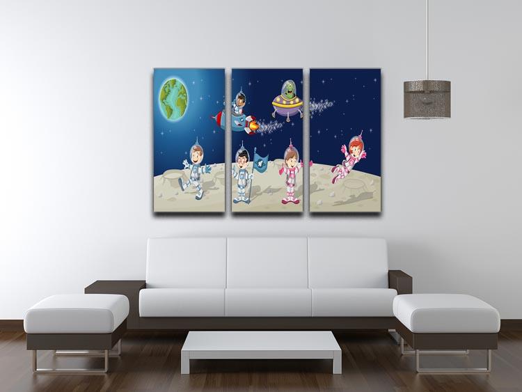 Astronaut cartoon characters on the moon with the alien spaceship 3 Split Panel Canvas Print - Canvas Art Rocks - 3