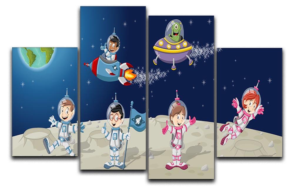 Astronaut cartoon characters on the moon with the alien spaceship 4 Split Panel Canvas  - Canvas Art Rocks - 1