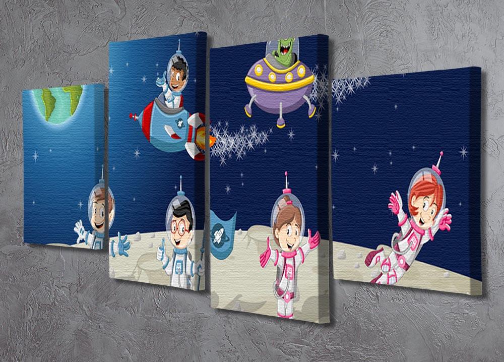 Astronaut cartoon characters on the moon with the alien spaceship 4 Split Panel Canvas - Canvas Art Rocks - 2