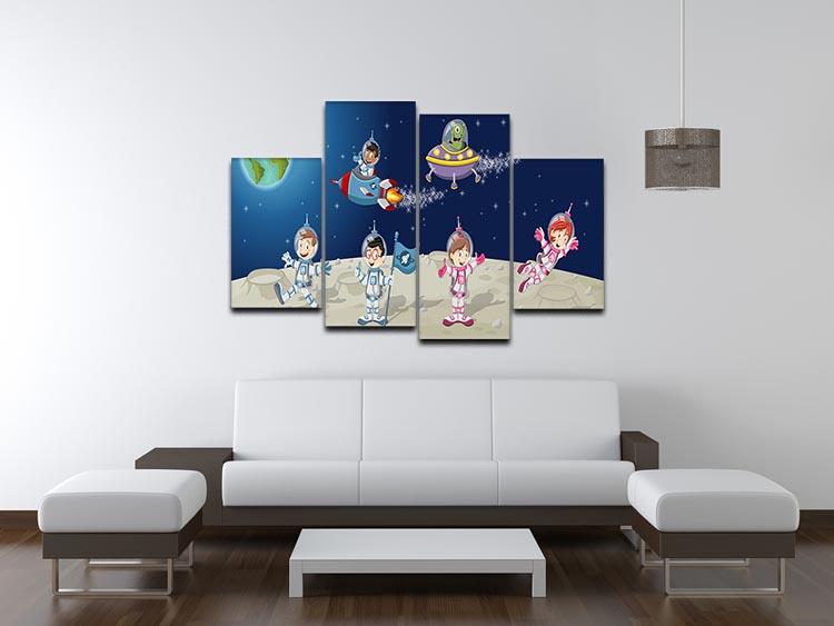 Astronaut cartoon characters on the moon with the alien spaceship 4 Split Panel Canvas - Canvas Art Rocks - 3