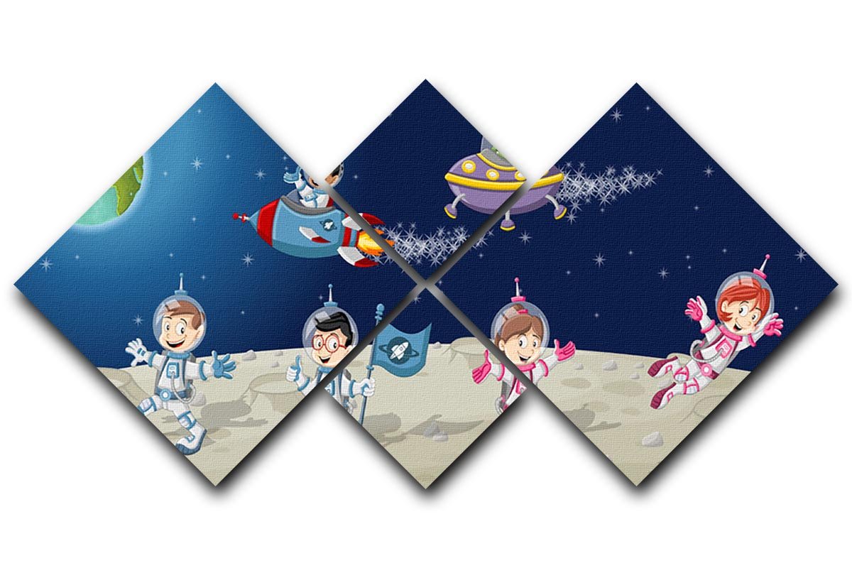 Astronaut cartoon characters on the moon with the alien spaceship 4 Square Multi Panel Canvas  - Canvas Art Rocks - 1