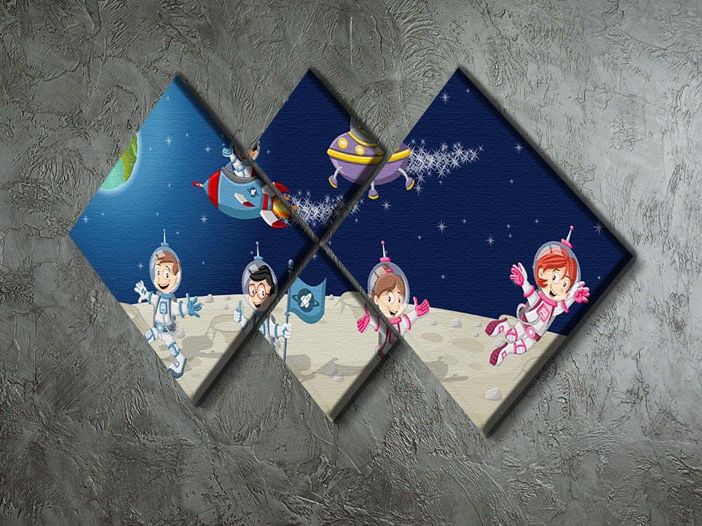 Astronaut cartoon characters on the moon with the alien spaceship 4 Square Multi Panel Canvas - Canvas Art Rocks - 2
