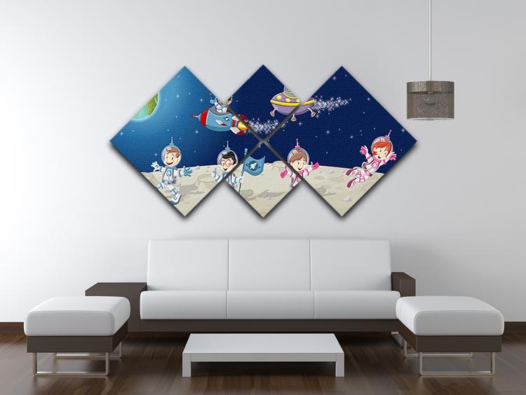 Astronaut cartoon characters on the moon with the alien spaceship 4 Square Multi Panel Canvas - Canvas Art Rocks - 3