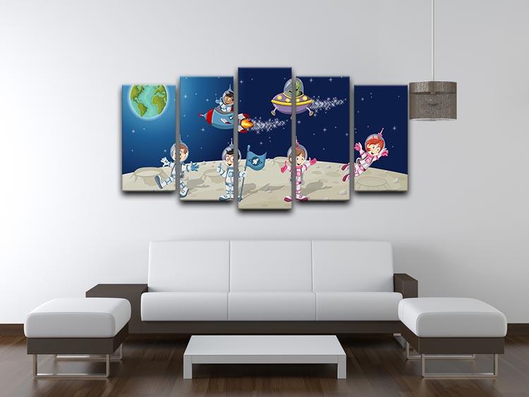 Astronaut cartoon characters on the moon with the alien spaceship 5 Split Panel Canvas - Canvas Art Rocks - 3