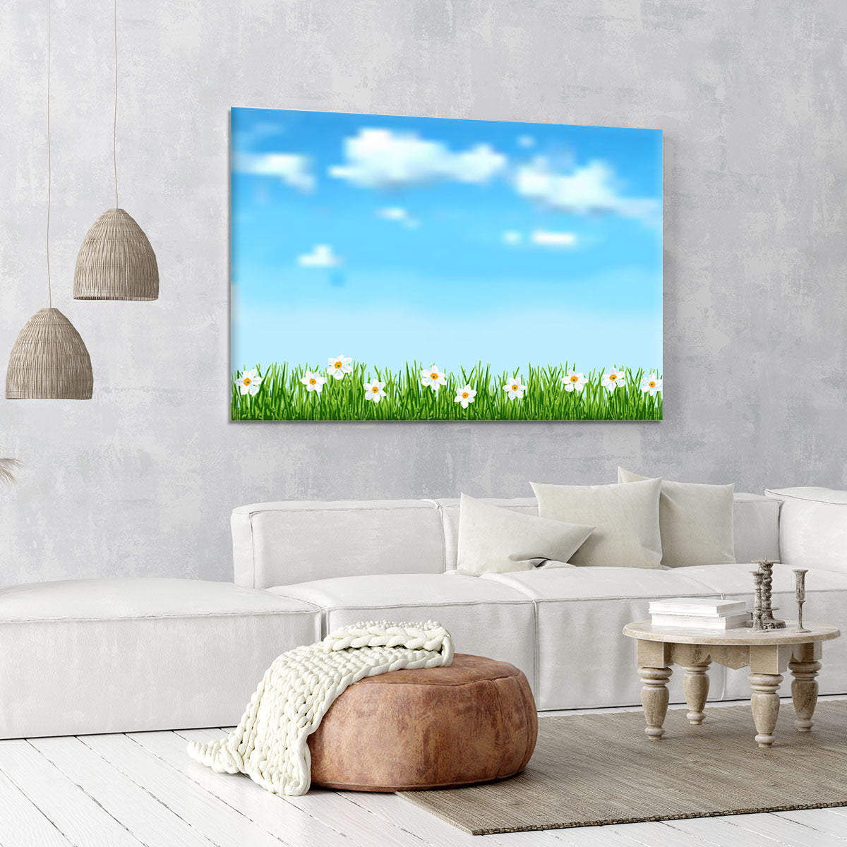 Background with grass and white flowers Canvas Print or Poster - Canvas Art Rocks - 6