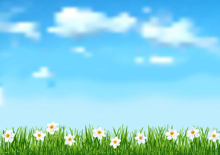 Background with grass and white flowers Wall Mural Wallpaper