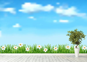 Background with grass and white flowers Wall Mural Wallpaper - Canvas Art Rocks - 4