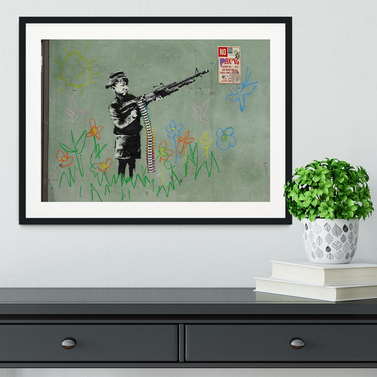 Banksy Crayon Child Soldier Framed Print - Canvas Art Rocks - 1