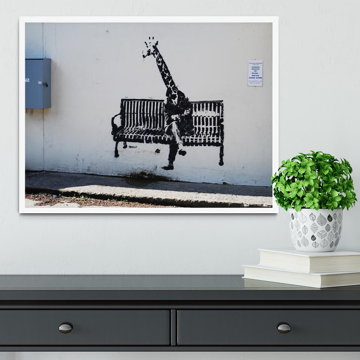 Banksy Giraffe on a Bench Framed Print - Canvas Art Rocks -6