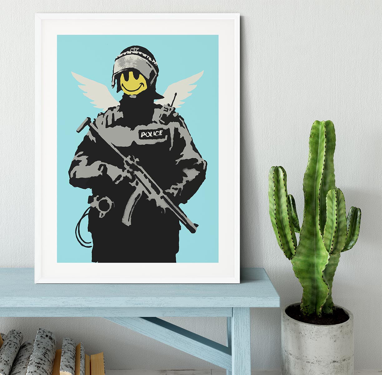 Banksy Smiley Angel Policeman Light Blue Framed Print - Canvas Art Rocks - 5