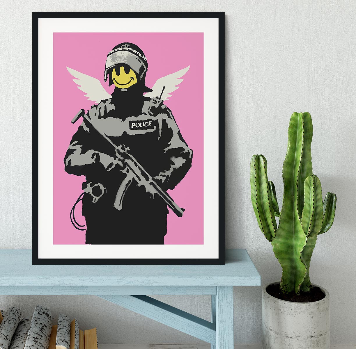 Banksy Smiley Angel Policeman Pink Framed Print - Canvas Art Rocks - 1
