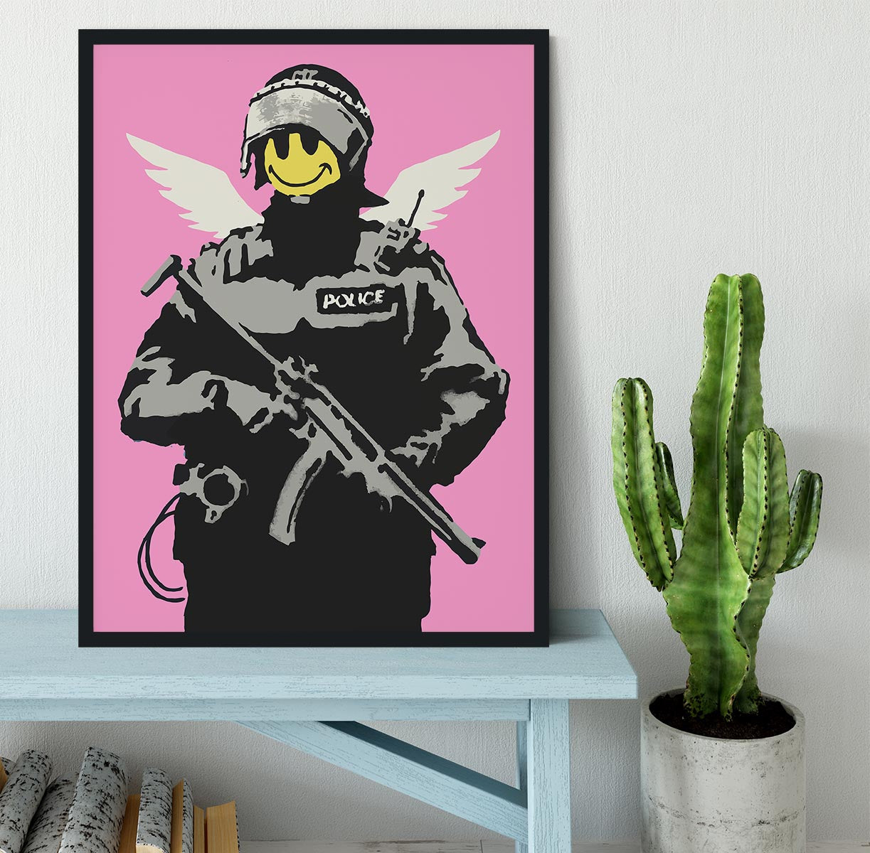 Banksy Smiley Angel Policeman Pink Framed Print - Canvas Art Rocks - 2