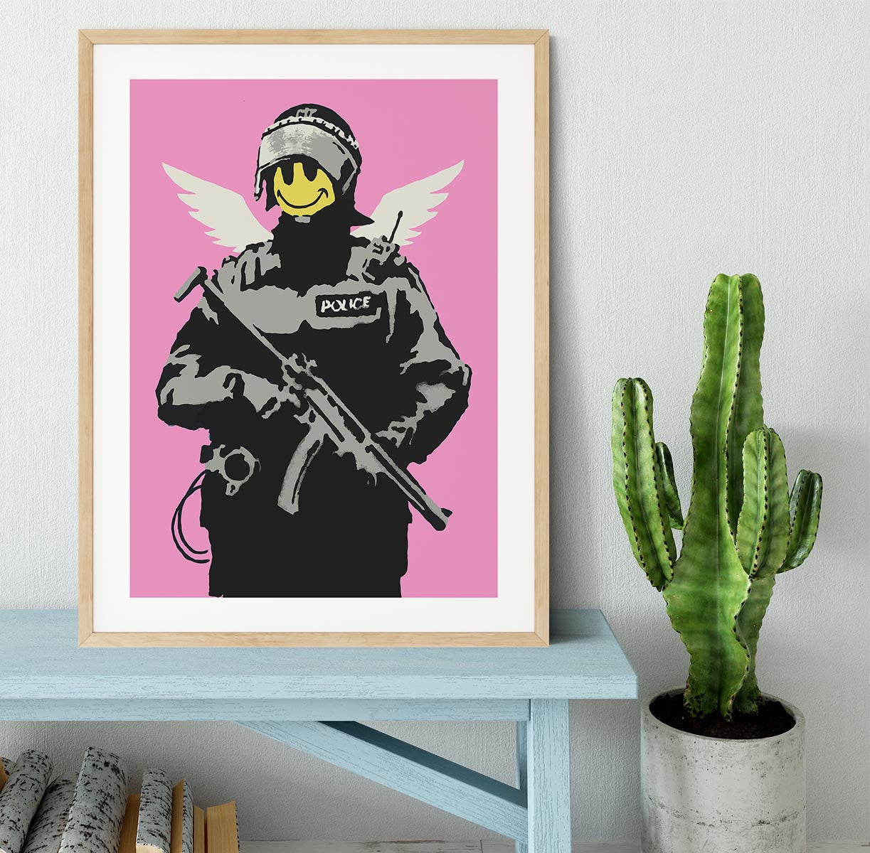 Banksy Smiley Angel Policeman Pink Framed Print - Canvas Art Rocks - 3