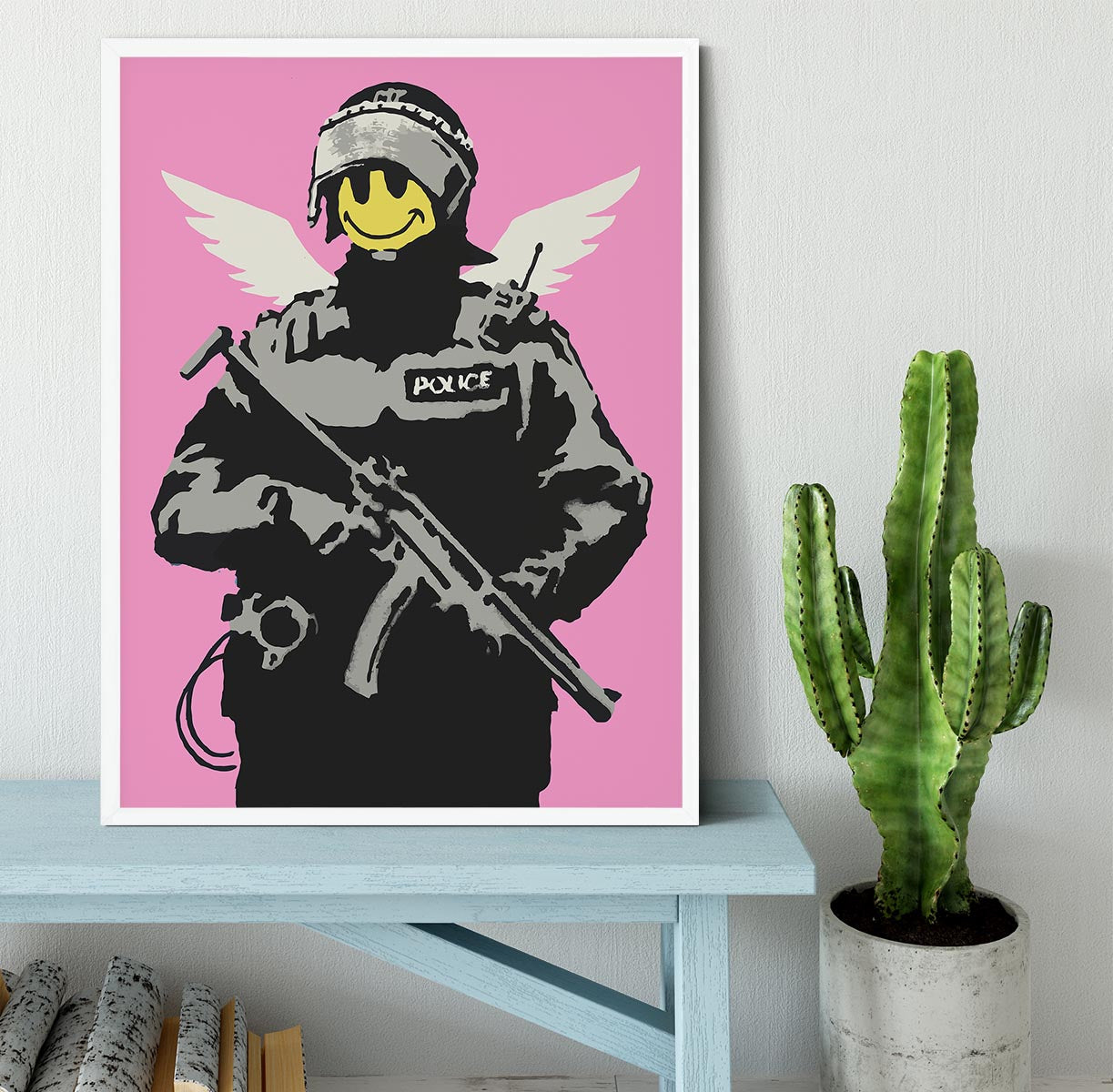 Banksy Smiley Angel Policeman Pink Framed Print - Canvas Art Rocks -6