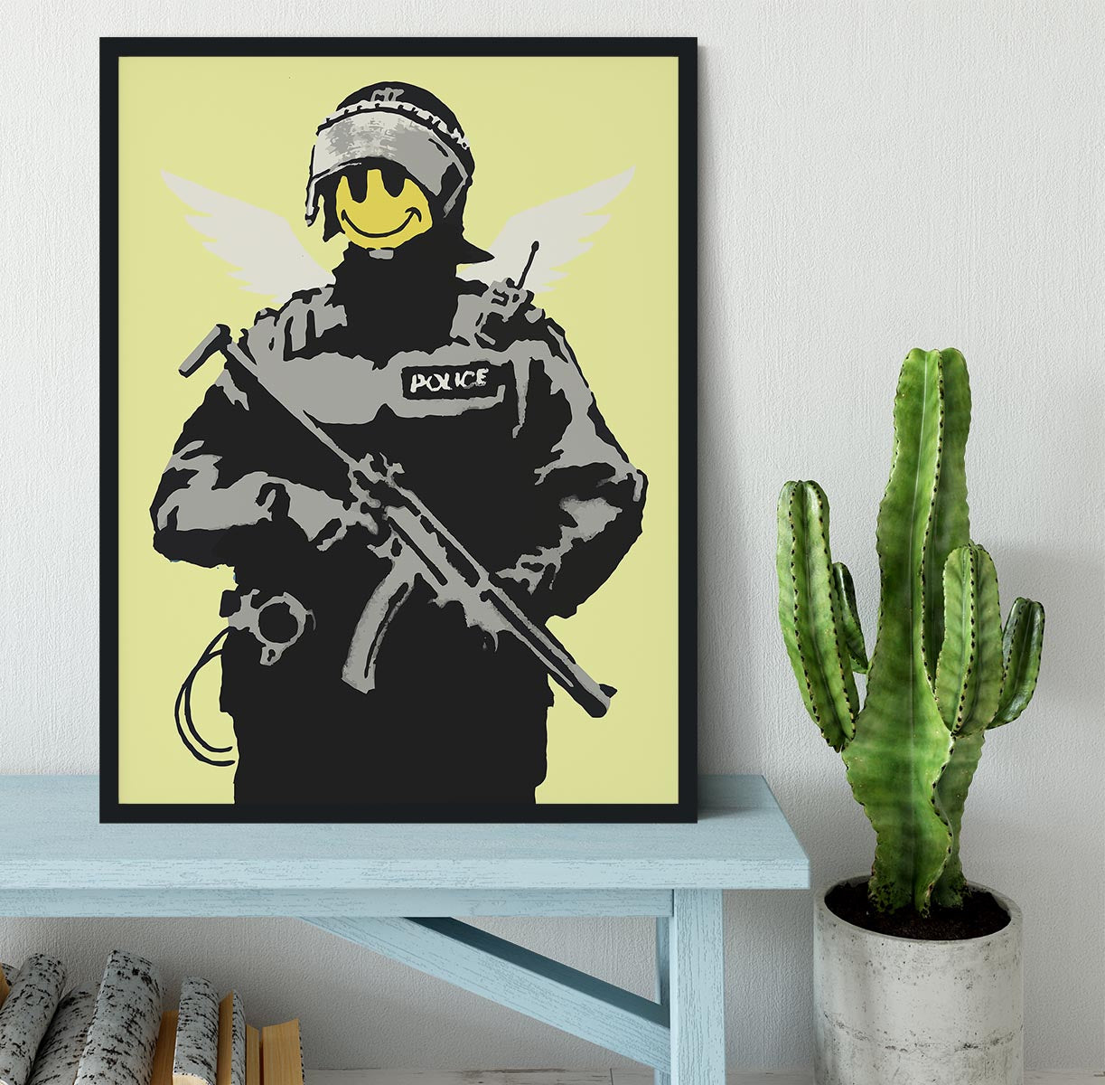 Banksy Smiley Angel Policeman Yellow Framed Print - Canvas Art Rocks - 2