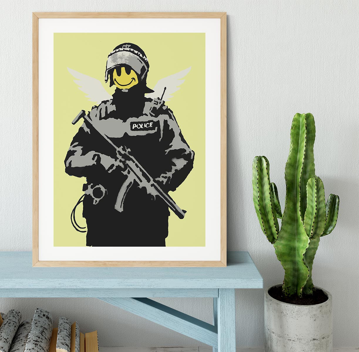 Banksy Smiley Angel Policeman Yellow Framed Print - Canvas Art Rocks - 3