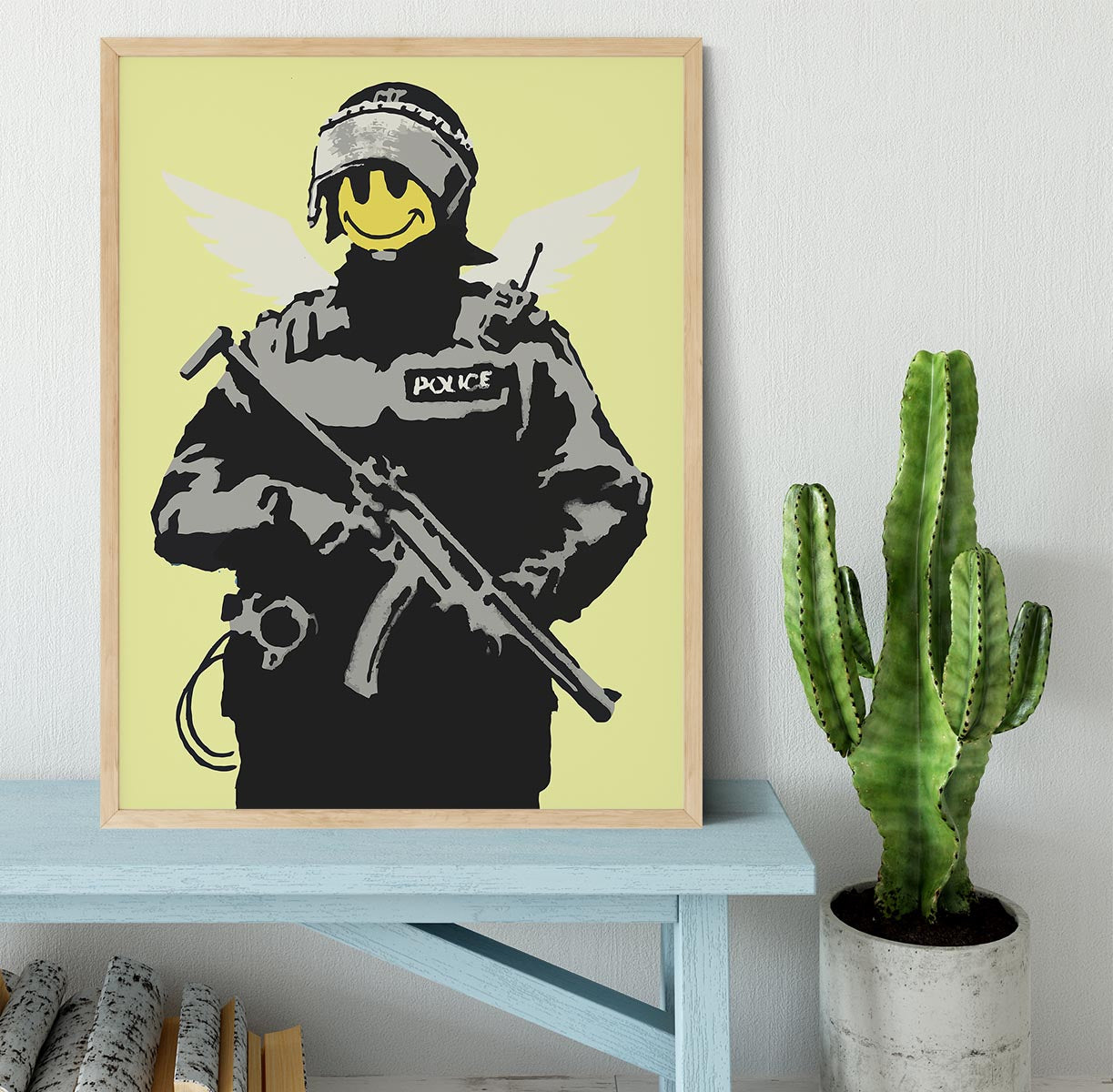 Banksy Smiley Angel Policeman Yellow Framed Print - Canvas Art Rocks - 4