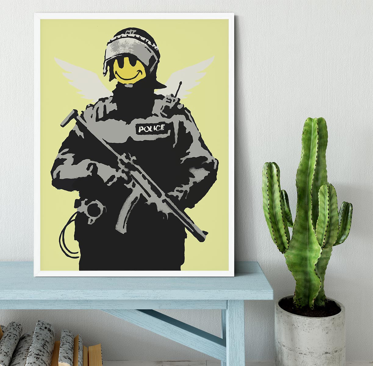 Banksy Smiley Angel Policeman Yellow Framed Print - Canvas Art Rocks -6