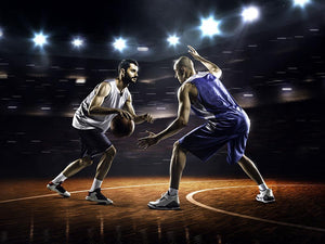 Basketball players in action in gym Wall Mural Wallpaper - Canvas Art Rocks - 1