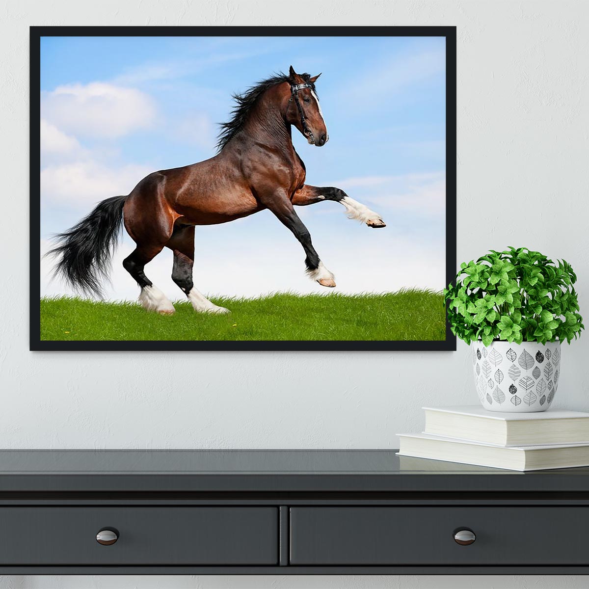 Bay horse running in field Framed Print - Canvas Art Rocks - 2