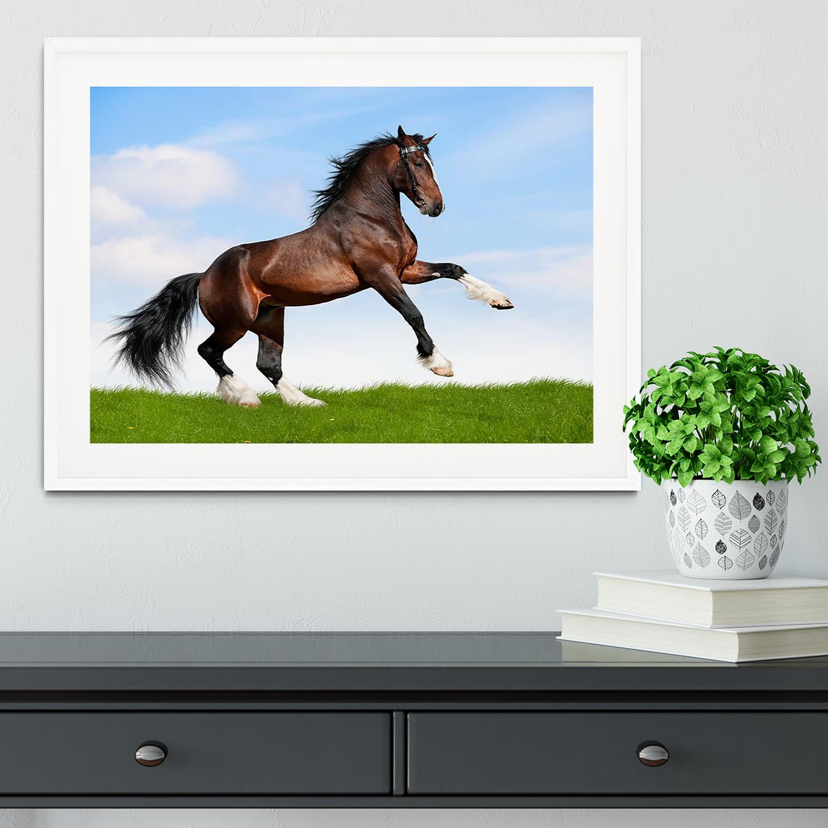 Bay horse running in field Framed Print - Canvas Art Rocks - 5