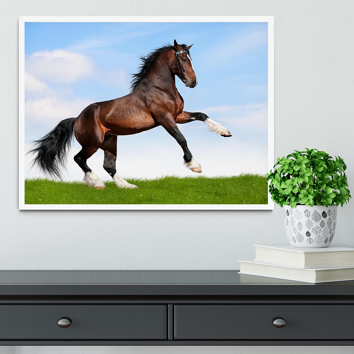 Bay horse running in field Framed Print - Canvas Art Rocks -6