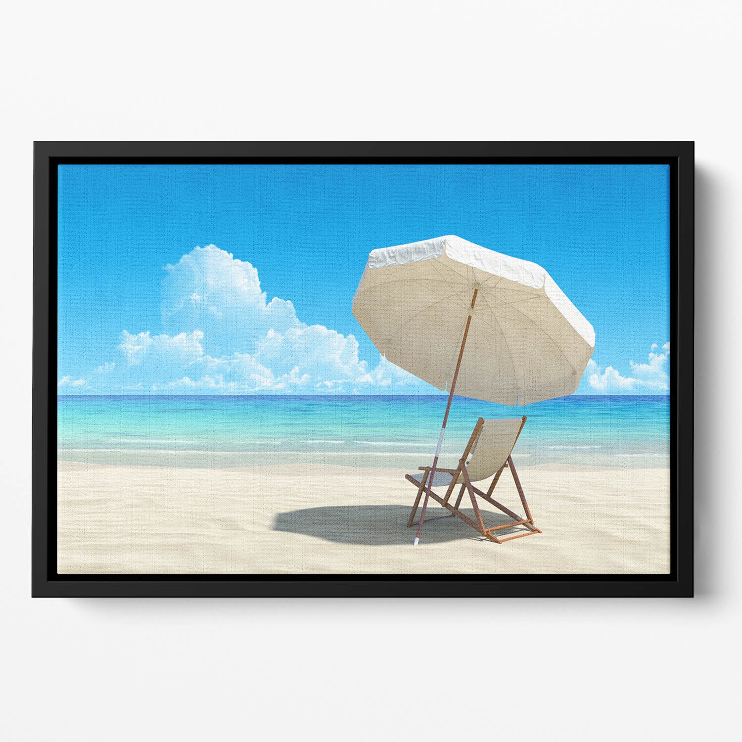Beach chair and umbrella on idyllic tropical sand beach Floating Framed Canvas