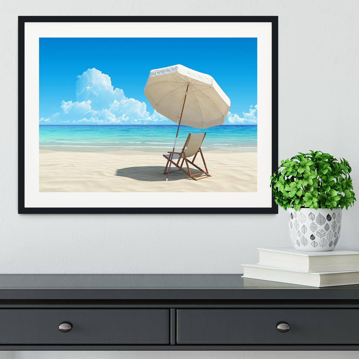 Beach chair and umbrella on idyllic tropical sand beach Framed Print - Canvas Art Rocks - 1