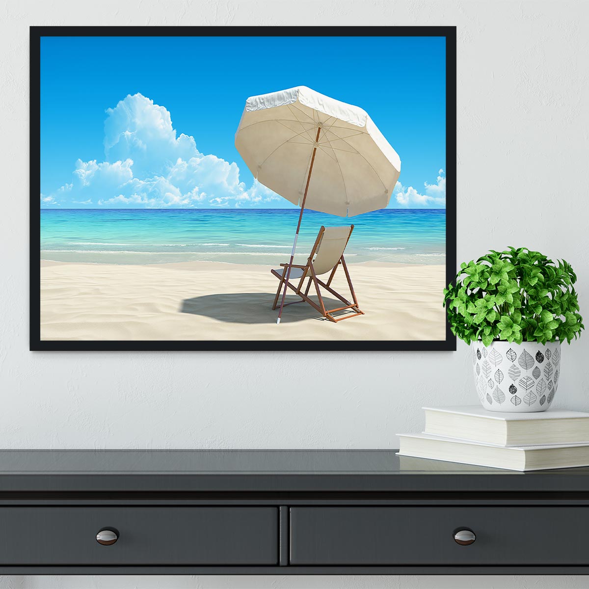 Beach chair and umbrella on idyllic tropical sand beach Framed Print - Canvas Art Rocks - 2