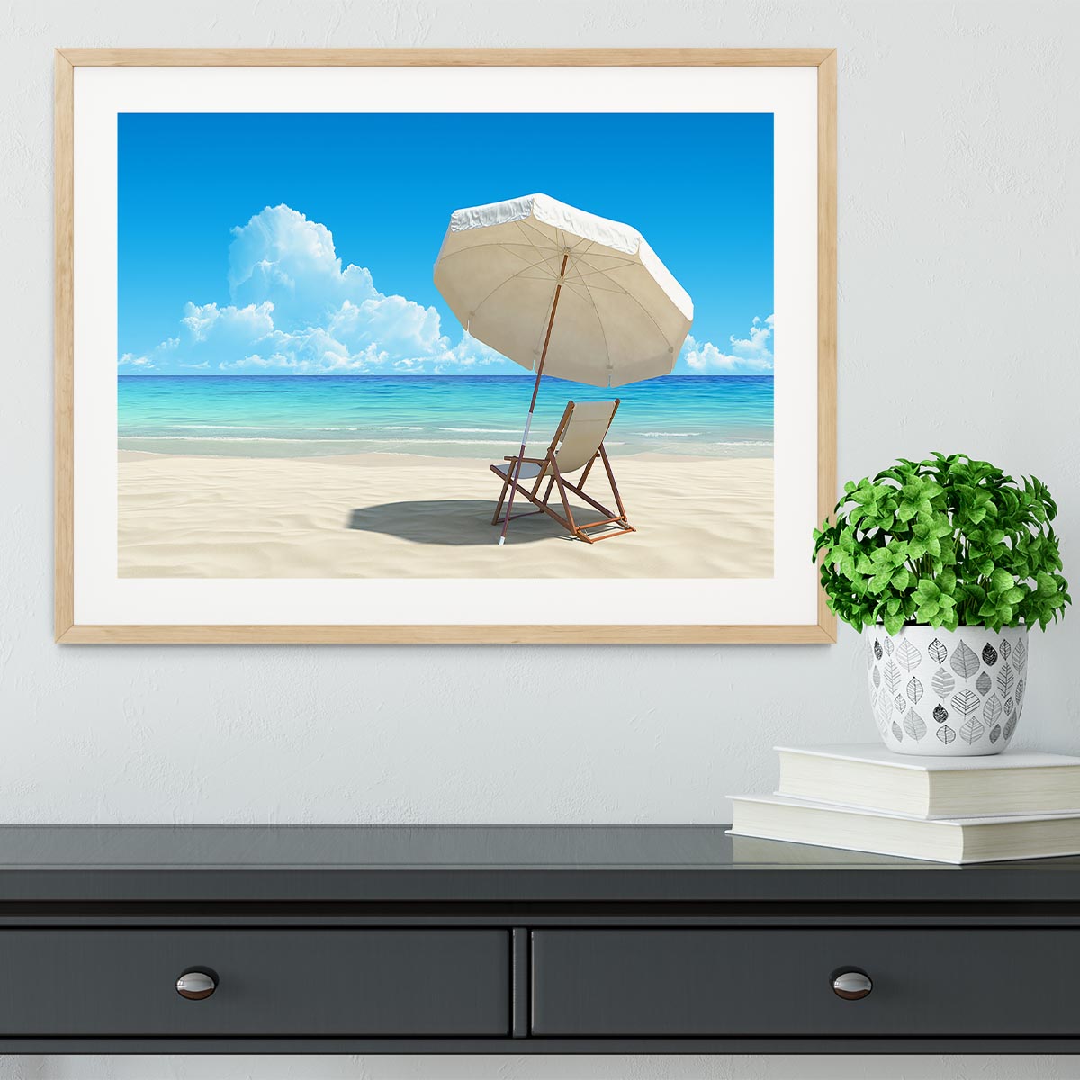 Beach chair and umbrella on idyllic tropical sand beach Framed Print - Canvas Art Rocks - 3