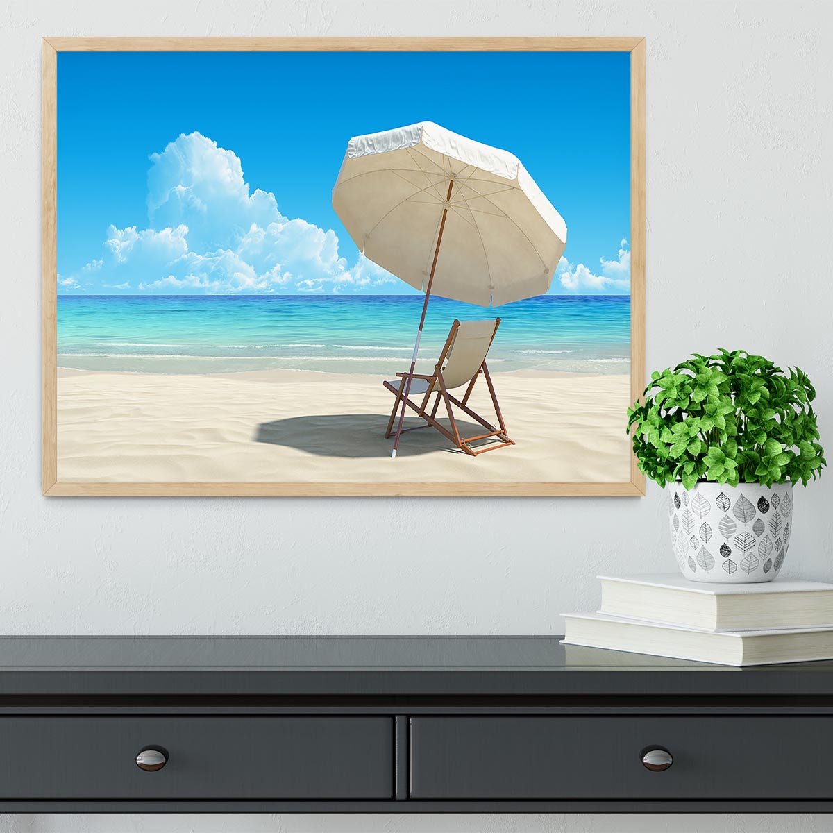 Beach chair and umbrella on idyllic tropical sand beach Framed Print - Canvas Art Rocks - 4